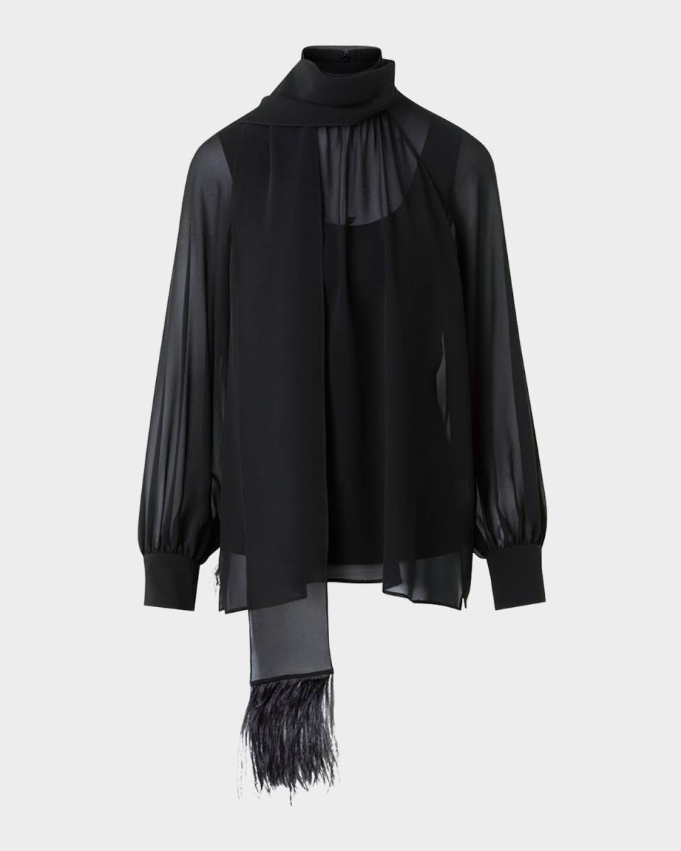 Feather-Trim Scarf Silk Georgette Blouse